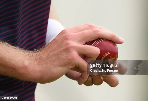 Detail shot of the seam posistion on the Kookaburra ball held by England bowler Stuart Broad during an England nets session ahead of the First Test...