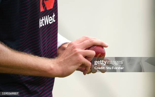 Detail shot of the seam posistion on the Kookaburra ball held by England bowler Stuart Broad during an England nets session ahead of the First Test...