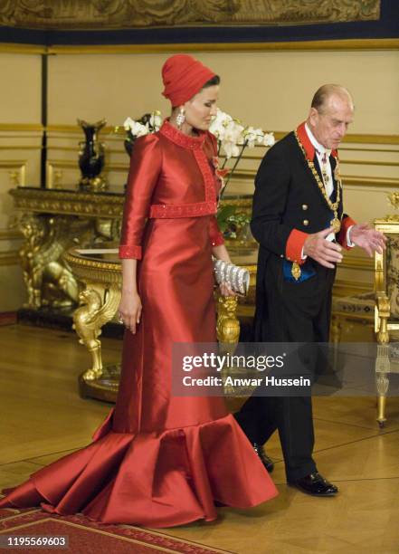 Prince Philip, Duke of Edinburgh and Sheikha Mozah Bint Nasser Al Missned attend a State Banquet for the Emir of Qatar, Sheikh Hamad bin Khalifa...