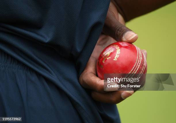 Detail shot of the seam position on the Kookaburra ball held by England bowler Jofra Archer during an England nets session ahead of the First Test...