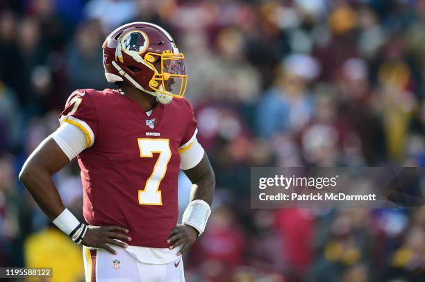 Dwayne Haskins of the Washington Redskins reacts after a play in the first half against the New York Giants at FedExField on December 22, 2019 in...