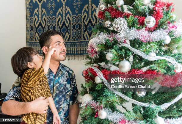 father and son with christmas tree - ジャカルタ ストックフォトと画像