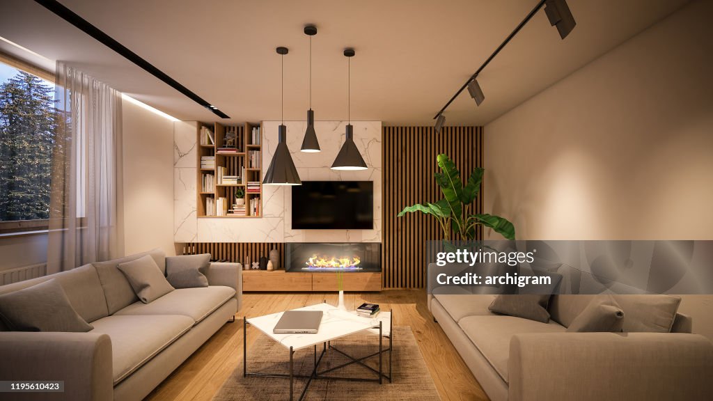 Computergeneriertes Bild des Wohnzimmers. Architektonische Visualisierung. 3D-Rendering.