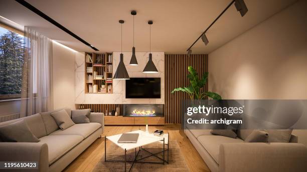 computer generated image of living room. architectural visualization. 3d rendering. - 3d model stock pictures, royalty-free photos & images