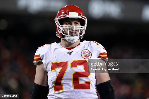 Eric Fisher of the Kansas City Chiefs looks on in the third quarter against the Chicago Bears at Soldier Field on December 22, 2019 in Chicago,...