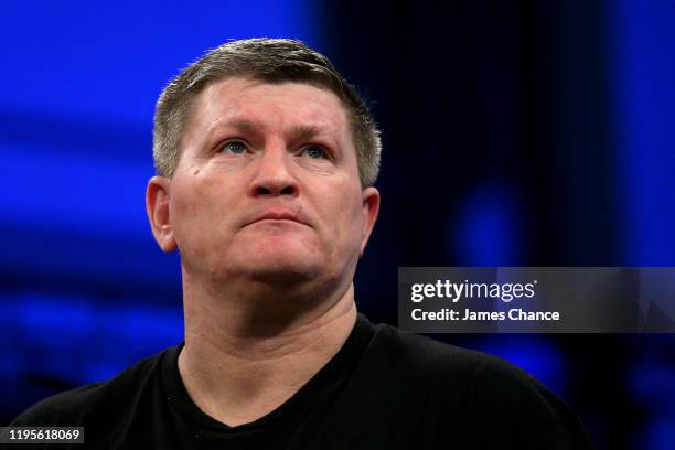 Ricky Hatton looks on prior to the Super-Bantamweight fight between Ibrahim Nadim and Misael Zeledon at York Hall on December 19, 2019 in London,...