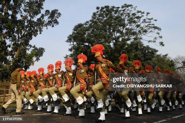 Cadets of Border Security Force prepare for a full dress rehearsal for the upcoming Indian Republic Day parade, in Kolkata on January 24, 2020. India...