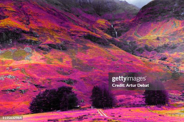 stunning infrared photography landscape of the highlands mountains in scotland. - infrared stock pictures, royalty-free photos & images