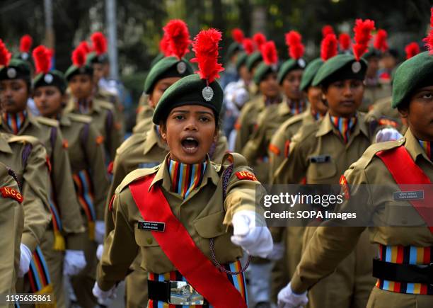 National Cadet Corps women seen practise during the Final Dress Rehearsal for Republic Day. India Celebrates Republic Day on 26th January every year,...