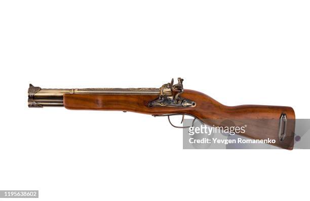 vintage wooden rifle isolated on white background - shotgun stock pictures, royalty-free photos & images