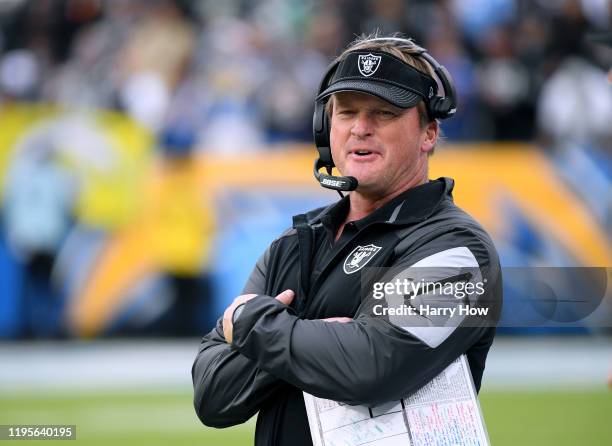 Head coach Jon Gruden of the Oakland Raiders reacts during a 24-17 win over the Los Angeles Chargers at Dignity Health Sports Park on December 22,...