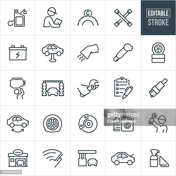 car care thin line icons - editable stroke - car battery stock illustrations