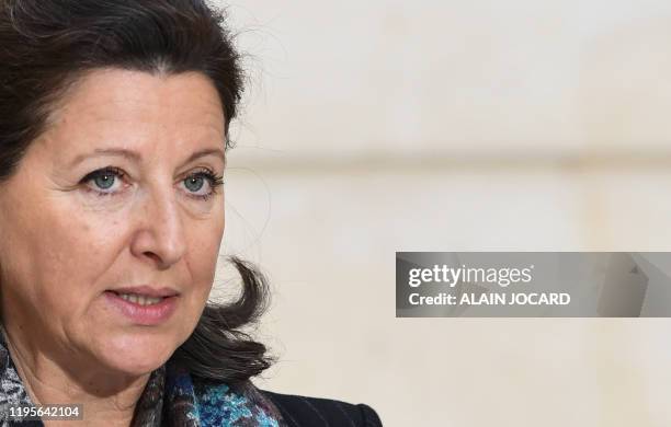 French Health and Solidarity Minister Agnes Buzyn delivers a speech at the Elysee Presidential Palace, in Paris, during a press conference after...