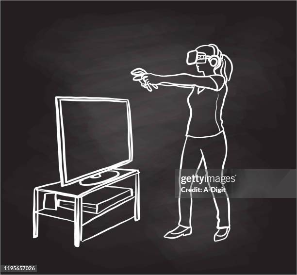 virtual reality female player shooting chalkboard - virtual exercise stock illustrations