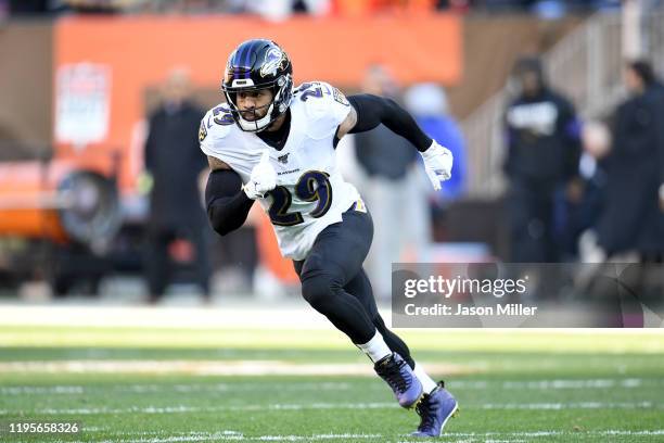 Free safety Earl Thomas of the Baltimore Ravens runs a play during the second half against the Cleveland Browns at FirstEnergy Stadium on December...