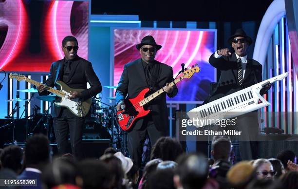 Kenneth "Babyface" Edmonds, Terry Lewis and Jimmy Jam perform during the 2019 Soul Train Awards presented by BET at the Orleans Arena on November 17,...