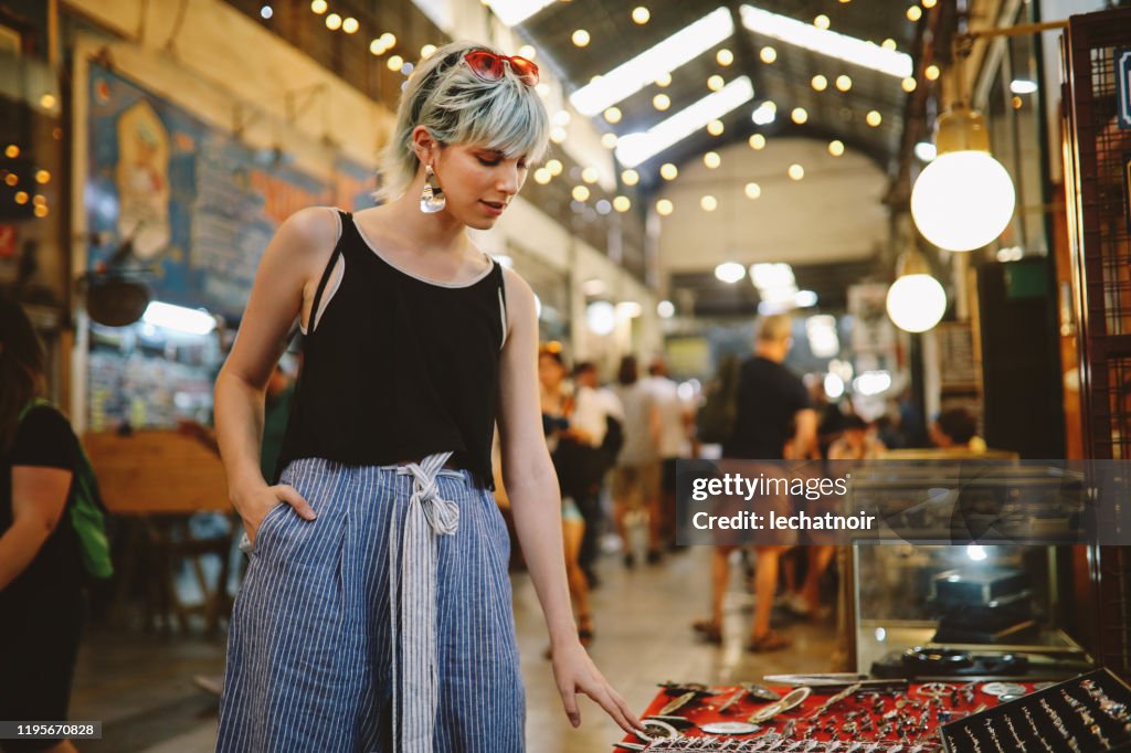 Trendy girl at the street market in San Telmo, Buenos Aires