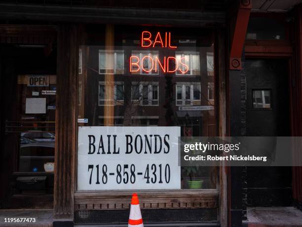 Sign advertises services for bail bonds along Atlantic Avenue near the Brooklyn Detention Complex in Brooklyn, New York, December 21, 2019. A state...