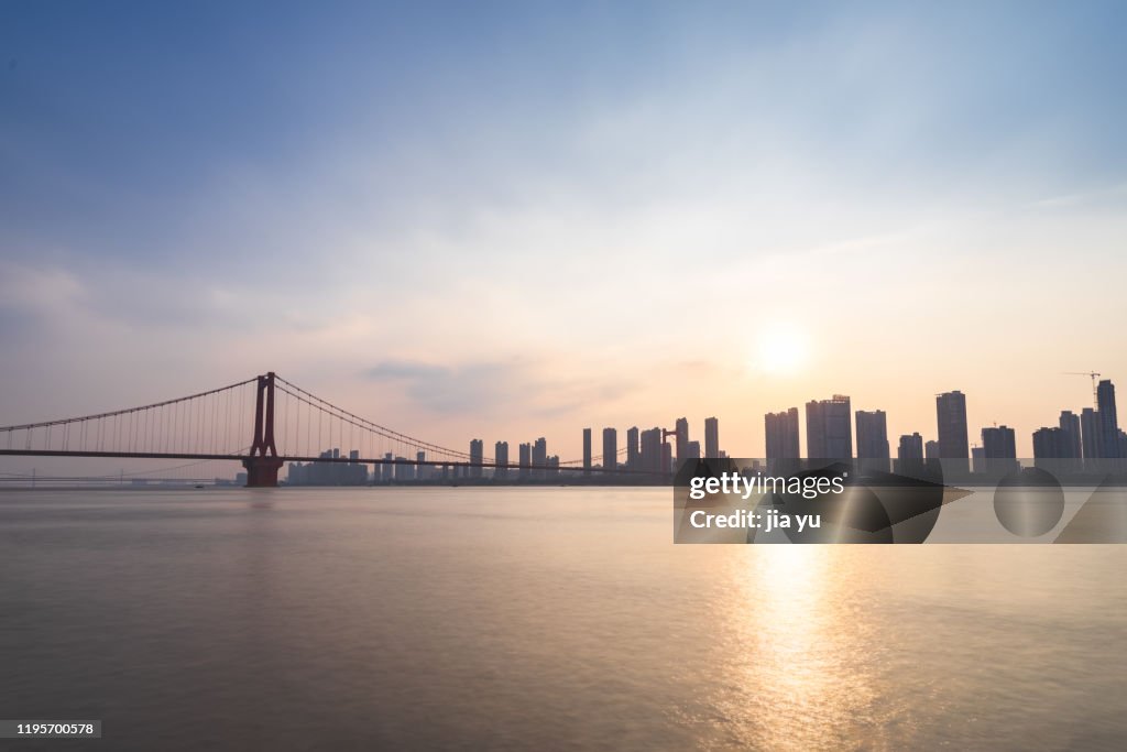 At sunset, Wuhan yingwuzhou Yangtze River Bridge, Hubei Province, China.