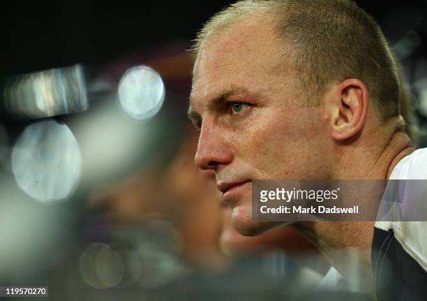 Darren Lockyer of the Broncos sat out the final minutes of the game during the round 20 NRL match between the Melbourne Storm and the Brisbane...