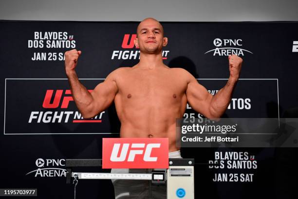 Junior Dos Santos of Brazil poses on the scale during the UFC Fight Night weigh-ins at the Embassy Suites Raleigh - Crabtree on January 24, 2020 in...