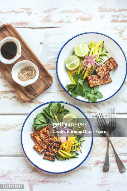 bbq tofu cutlets with mango salad for two - proteína imagens e fotografias de stock
