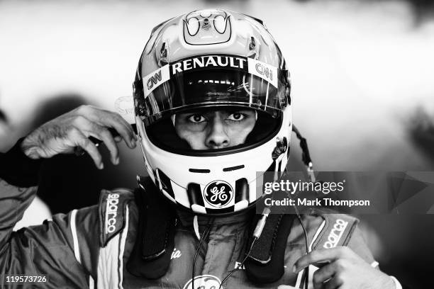 Karun Chandhok of India and Team Lotus prepares to drive during practice for the German Formula One Grand Prix at the Nurburgring on July 22, 2011 in...