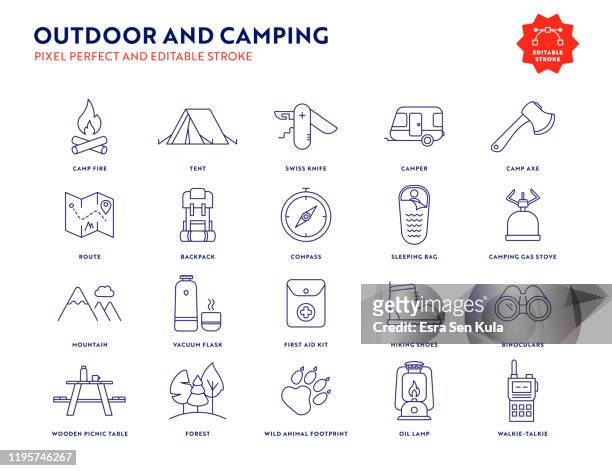 outdoor- und camping-icon-set mit bearbeitbarem strich und pixel perfekt. - adventure or travel stock-grafiken, -clipart, -cartoons und -symbole