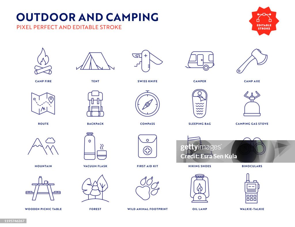 Outdoor and Camping Icon Set with Editable Stroke and Pixel Perfect.