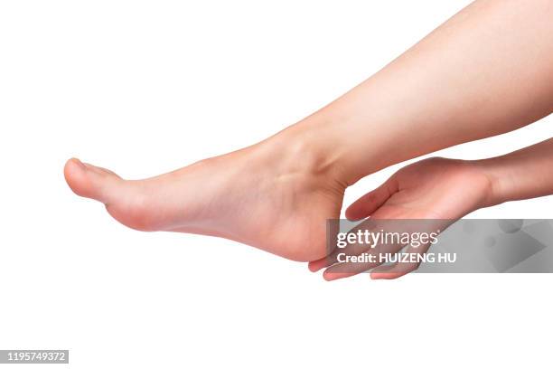 perfect female feet on white background. hand touching elegant leg. spa, foot care concept. - womens pretty feet stock pictures, royalty-free photos & images