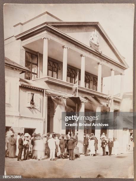 Nigeria, Caption reads: 'Opening of Barclays Bank New Building Lagos, by H.E. Sir Hugh Clifford'. An audience gathers to watch the Governor of...