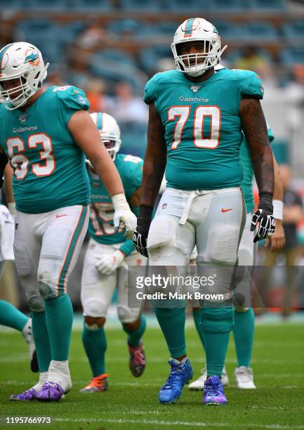 Julie'n Davenport of the Miami Dolphins lines up against the Cincinnati Bengals in the fourth quarter at Hard Rock Stadium on December 22, 2019 in...