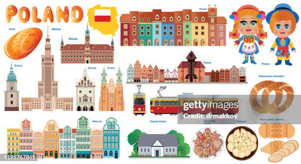 polen symbole, warschau, krakau, breslau, breslau, posen, danzig, stettin, bydgoszcz, lublin, kattowitz - lublin stock-grafiken, -clipart, -cartoons und -symbole