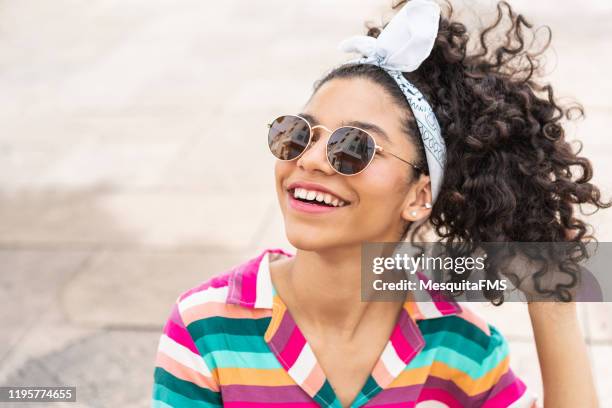 beautiful latin american teenage girl - sunglasses reflection stock pictures, royalty-free photos & images