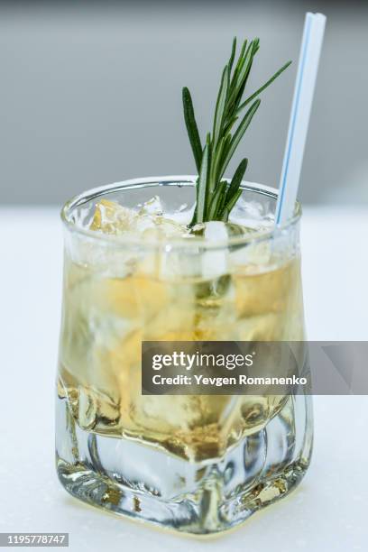 refreshing cocktail with rosemary and ice in a glass - gin and tonic stockfoto's en -beelden