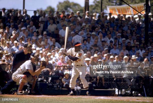 Hank Aaron of the Milwaukee Braves bats during an MLB Spring Training game circa March, 1957 in Bradenton, Florida.