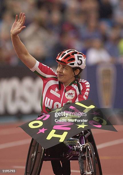 Tanni Grey-Thompson of Wales after the Women's 800 metres Wheelchair Final at the City of Manchester Stadium during the 2002 Commonwealth Games in...