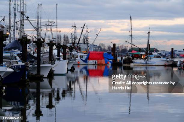 fishermen's wharf stveston with reflection - richmond british columbia stock pictures, royalty-free photos & images