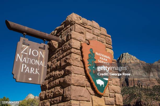 The sign at the entrance to the Park is viewed on November 6, 2019 in Zion National Park, Utah. Zion National Park, located 3 hours north of Las...
