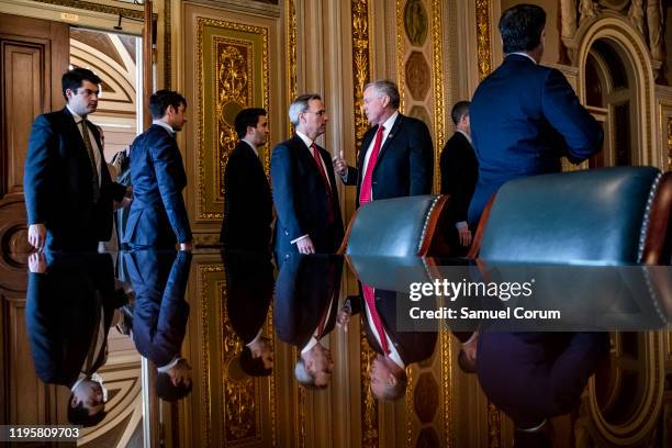 White House Counsel Pat Cipollone and Representative Mark Meadows as they leave their meeting room with the rest of President Donald Trumps defense...