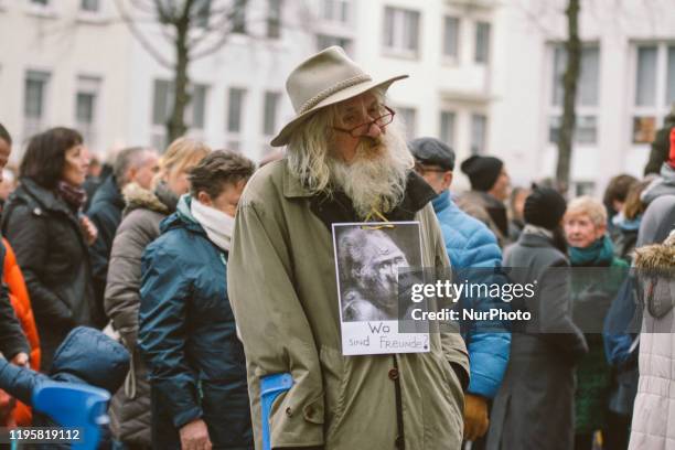 Participator holds a placard in the rally for Krefeld zoo in front of Krefeld town hall, Germany, on 24 January 2020.