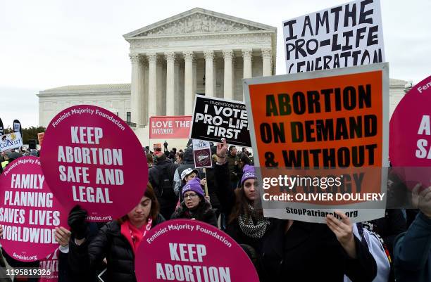 Pro-choice and pro-life activists demonstrate in front of the the US Supreme Court during the 47th annual March for Life on January 24, 2020 in...
