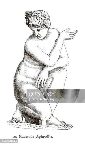 ilustrações de stock, clip art, desenhos animados e ícones de woodcut of marble statue crouching aphrodite - deuses
