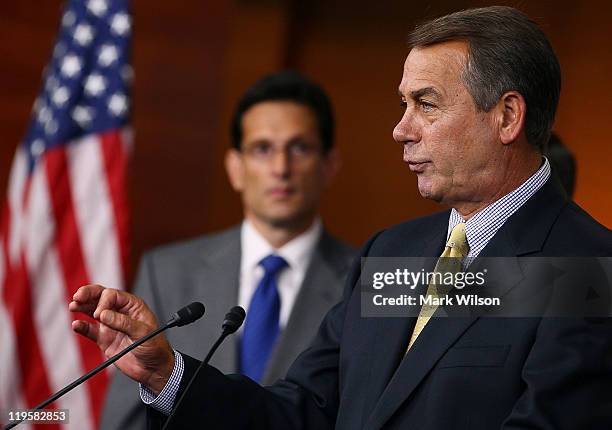 House Speaker John Boehner speaks while flanked by House Majority Leader Eric Cantor during a news conference at the U.S. Capitol July 22, 2011 in...