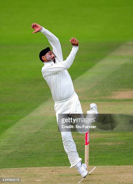 India bowler Harbhajan Singh bowls during day two of the 1st npower test match between England and India at Lords on July 22, 2011 in London, England.