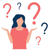 Abstract thoughtful and doubting woman with question mark. Girl solves problem, chooses solution. The concept of doubt, ignorance, confusion, deadlock. I do not know. Vector flat design illustration.