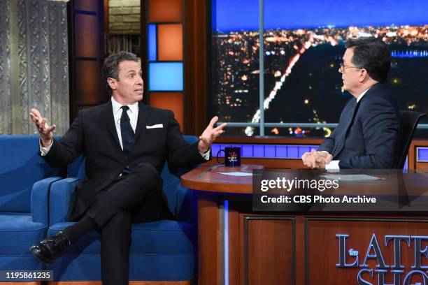 The Late Show with Stephen Colbert and guest Chris Cuomo during Thursday's January 23, 2020 show.