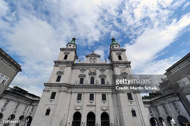 The Salzburg cathedral at the Domplatz is seen on July 22, 2011 in Salzburg, Austria. The Salzburg Festival is a prominent festival of music and...