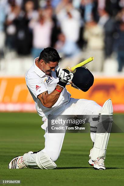 Kevin Pietersen of England celebrates hitting 200 during day two of the 1st npower Test Match between England and India at Lord's Cricket Ground on...