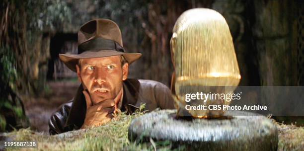 The movie: Indiana Jones and the Raiders of the Lost Ark , , directed by Steven Spielberg. Seen here, Harrison Ford as Indiana Jones, sizing up the...